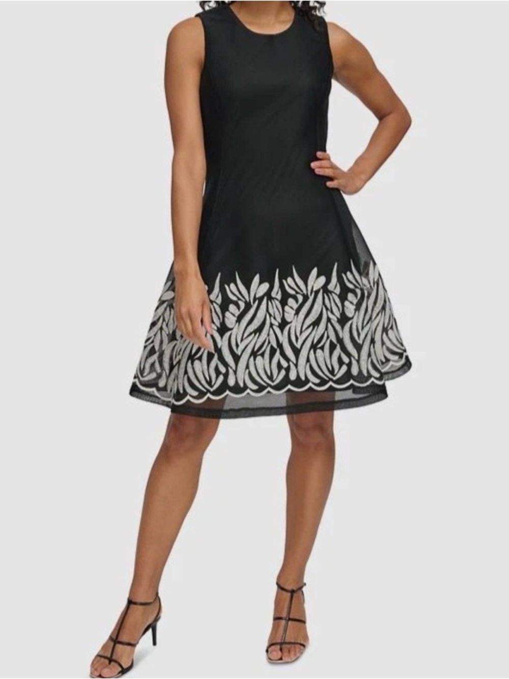 DKNY Black Midi Dress with White Leaf Embroidered Hem